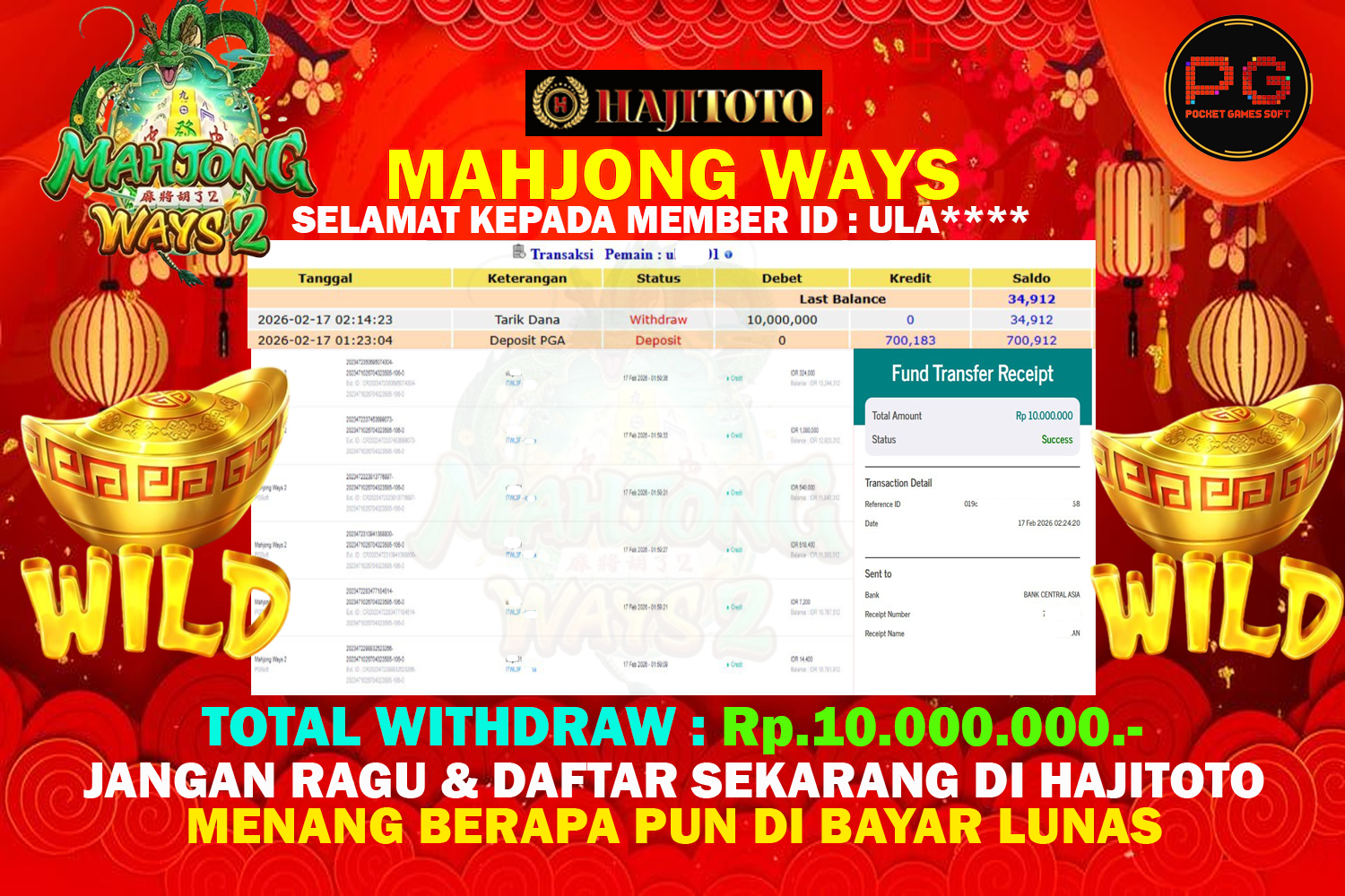 SELAMAT KEPADA PEMENANG MEMBER MERAIH JACKPOT DI GAME SLOT MAHJONG WAYS 2 TOTAL RP 10.000.000 DI BAYAR LUNAS
